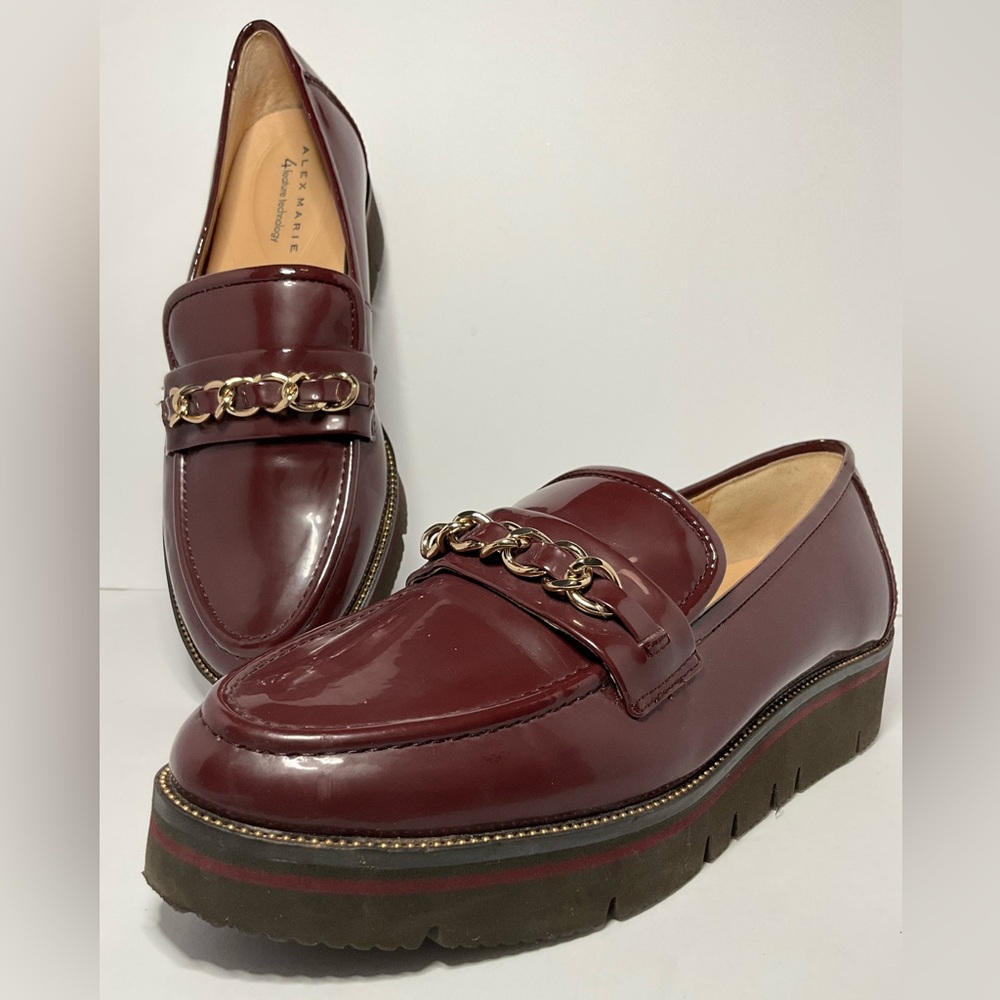 Alex Marie • "Grensley" Patent Chain Detail Platform Loafers (cherry woo…